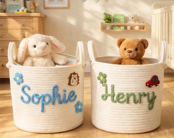 Personalized Monogrammed Woven Basket, Cotton Baby Basket with Name, New Mom Gift Basket, Nursery Storage Basket, Baby Shower Gift