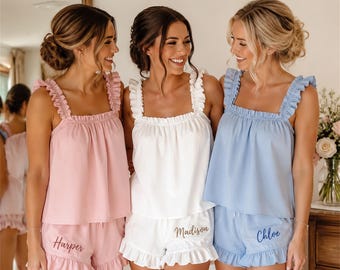 Personalized Bridesmaid Pajama Set Ruffle Sleepwear Bridal Party Pajamas Wedding Morning Outfit Maid of Honor Gift Bachelorette Pajamas