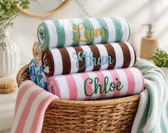Custom Name Beach Towel Personalized Cabana Stripe Pool Towel, Summer Vacation Gift for Family, Bridesmaid Gift, Cruise Beach Essentials