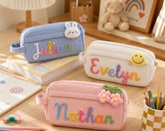 Personalized Pencil Case for School | Custom Corduroy Stationery Pouch with Name | Cute Organizer Makeup Bag Gift for Students