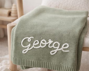 Personalized Knitted Baby Blanket – Custom Name, Organic Cotton, Soft Newborn Gift, Baby Shower, Nursery Decor, Keepsake, Photo Prop