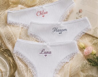 Custom Bride Thong Underwear, Embroidered Personalized Cotton Lingerie, Bachelorette Party Gift,Wedding Gift for Bride,Romantic Gift for Her