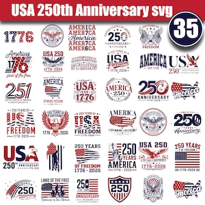 May include: A collection of 35 digital graphic designs featuring red, white, and blue patriotic themes for the USA 250th anniversary. The graphics include text such as 1776, 250, America, and USA, alongside imagery of eagles, flags, and maps.