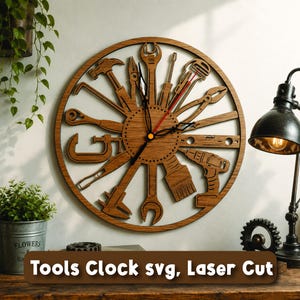May include: A circular wooden wall clock featuring laser-cut silhouettes of various hand tools arranged as hour markers, including a hammer, wrench, screwdriver, pliers, and drill. The clock has black hour, minute, and red second hands.