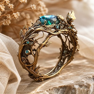 May include: A gold-toned metal bracelet designed with intricate, intertwined tree branches and leaves. The piece features a large, faceted teal gemstone at the centre, accented by smaller, round teal stones embedded throughout the branch structure.