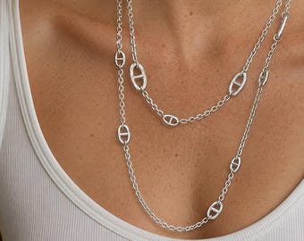 Collana a catena a strati da donna, collana lunga a maglie ovali geometriche, gioiello minimalista di tendenza, elegante collana a più fili da regalare