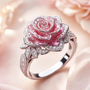 May include: A silver-toned ring featuring a three-dimensional rose centerpiece. The petals are encrusted with numerous small, clear white stones and vibrant pink stones. The band and the base of the flower are also covered in small, clear white stones.