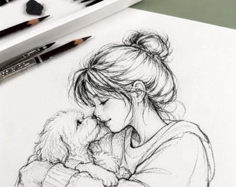 Ritratto personalizzato a matita da foto, disegno di animale domestico e padrone, ritratto di famiglia personalizzato con cane, regalo commemorativo per gatti, arte realistica