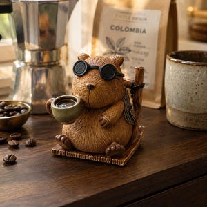 Puede incluir: Una figura de capibara marrón con gafas redondas negras, sentada en una pequeña silla de madera mientras sostiene una diminuta taza de café verde. La figura texturizada y redondeada lleva una bufanda a rayas sobre el hombro.