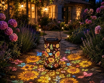 Solar Sunflower Projection Lantern, Bronze Outdoor Garden Light, Hanging Patio Decor Gift