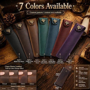 May include: Seven leather pen sleeves in black, coffee, brown, ink green, vintage blue, wine red, and purple. Each sleeve features a metal tree emblem on the snap button closure. The sleeves measure 6.61 inches by 1.57 inches and fit pens up to 0.47 inches in diameter.