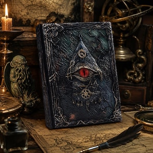 Op de afbeelding: Een rechthoekig boek met een donkerblauwe en zwarte textuur op de kaft, voorzien van een centraal driehoekig embleem met een opvallend rood oog. De kaft is versierd met verhoogde, rankachtige patronen en metalen accenten voor een verweerde look.