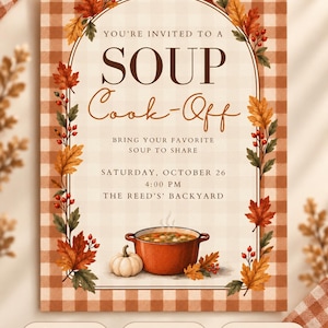 Puede incluir: Una plantilla de invitación rectangular con borde de cuadros marrones y blancos, un marco arqueado decorado con hojas de otoño y bayas, y el texto "YOU'RE INVITED TO A SOUP COOK-OFF". Incluye una etiqueta de tamaño 5x7 cm.