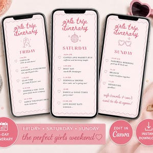 Puede incluir: Tres teléfonos inteligentes que muestran un itinerario de viaje de chicas en color rosa para viernes, sábado y domingo. Las pantallas presentan texto, iconos de corazones y gráficos lineales que incluyen copas de champán y una bola disco.