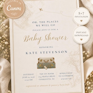 May include: A 5x7 baby shower invitation card featuring a vintage map background, a small airplane icon, and two stacked suitcases. The text reads: Oh, the places we will go, Baby Shower honoring Kate Stevenson, Saturday June 14, 2026, 11:00 AM.