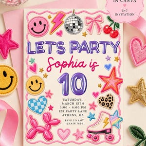 Einladung zum 10. Geburtstag für Mädchen, Patchwork-Geburtstagseinladung, bearbeitbare Canva-Vorlage, Einladung zur Geburtstagsparty, gestickte Aufnäher