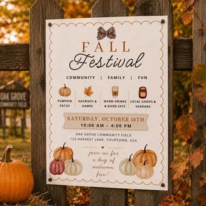 May include: A rectangular sign with a scalloped border featuring a brown plaid bow at the top. The text reads Fall Festival, Community, Family, Fun, and lists activities like Pumpkin Patch, Hayrides, and Local Goods. It includes date and location details.
