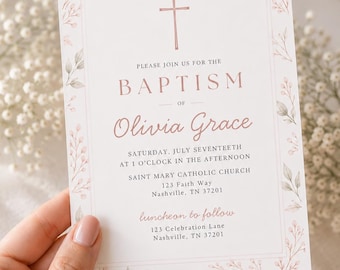 Baptism Invitation Template for Girls, Printable Floral Christening Invitation | Editable Baptism Invite, Canva Template, Instant Download