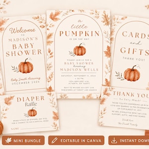 May include: A set of baby shower stationery featuring a pumpkin and autumn leaf theme. The cards include text for a welcome sign, invitation, cards and gifts sign, diaper raffle, and thank you note, all printed in a warm, neutral colour palette.