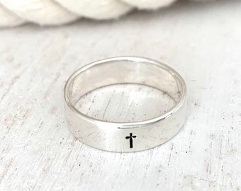 Sterling Silver Cross Ring | Silver Band With Hand Stamped Tiny Cross