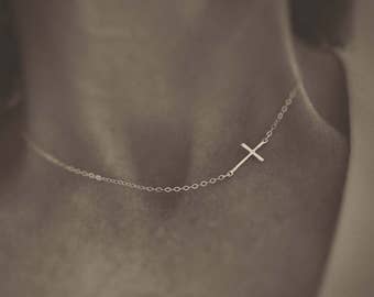 Sterling Silver Cross Necklace On It's Side / Dainty Cross Necklace / Layering Necklace / Easter Gift / Christian Jewelry