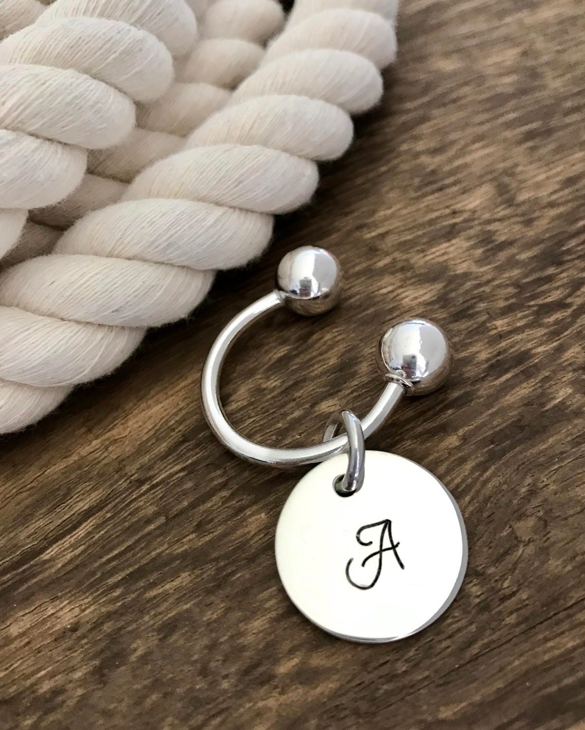 32mm Sterling Silver Keychain Horseshoe Type Key Ring with Engraveable Disk  Tag for Men and Women