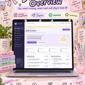 Może przedstawiać: Ekran laptopa wyświetla cyfrowy pulpit nawigacyjny zatytułowany Dashboard Overview z sekcjami dotyczącymi brakujących zadań, w toku, przesłanych i potwierdzonych. Interfejs charakteryzuje się fioletowo-białą kolorystyką z tekstem, ikonami i narzędziami do śledzenia postępów.