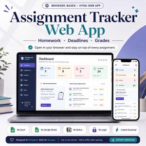 Op de afbeelding: Een laptop en smartphone tonen een webapp-interface voor het volgen van opdrachten. De app, getiteld "Assignment Tracker Web App", beschikt over een dashboard met huiswerk, deadlines en cijfers. Het ontwerp is strak met een blauw-wit kleurenschema.
