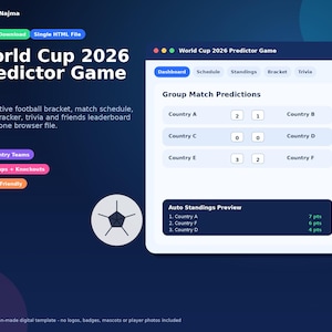 Puede incluir: Descarga digital para un juego de predicción de la Copa del Mundo 2026. La interfaz muestra un panel, calendario, clasificaciones, cuadro y trivia. Incluye predicciones de partidos de grupo, vista previa de clasificaciones automáticas, 48 equipos y diseño móvil.