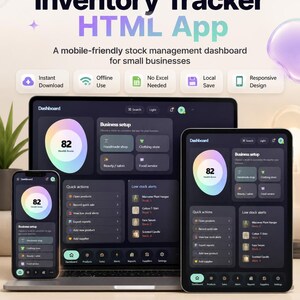 May include: A digital download graphic showcasing an inventory tracker HTML app. The app is displayed on a laptop, tablet, and phone, with features like instant download, offline use, and responsive design. The app tracks products, sales, and reports.