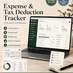 Pode incluir: Um laptop exibe a interface do aplicativo "Deductly" para rastreamento de despesas e deduções fiscais. A tela mostra dados financeiros, incluindo despesas totais, deduções potenciais e valor da quilometragem. Uma caneta, recibos e ícones de recursos do aplicativo também estão presentes.