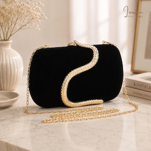 Pochette serpent en velours noir, sac à main serpent doré, sac à main gothique de luxe