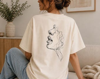 Minimalist Line Art Oversized T-Shirt | Abstract Face Graphic Tee | Comfort Colors Neutral Streetwear