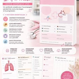 May include: A digital workbook for nursing students, featuring 41 pages. The pink and white cover displays the title "Workbook Infirmier" and includes sections on anatomy, medication, protocols, and clinical reflection. A coffee cup and tablet are also visible.