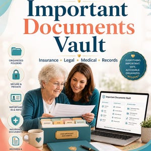 May include: A teal Notion template titled "Important Documents Vault" with text that reads "Insurance, Legal, Medical, Records." The image shows a laptop, a box with labeled dividers, and two women looking at documents. The words "Organized Folders" and "Secure & Private" are also visible.