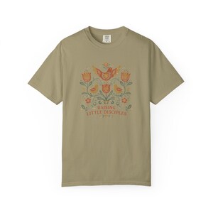Raising Little Disciples Christian Mom Shirt, Floral Folk Art Tee Khaki