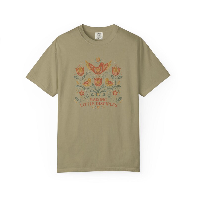 Raising Little Disciples Christian Mom Shirt, Floral Folk Art Tee Khaki