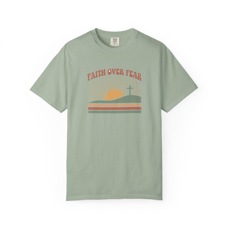 Faith Over Fear Retro Sunset Christian T-Shirt, Religious Bible Verse Tee Bay