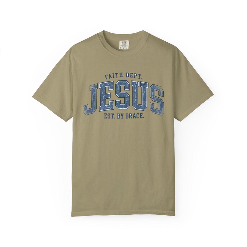Comfort Colors Jesus T-Shirt, Retro Faith Dept. Est. By Grace Tee Khaki