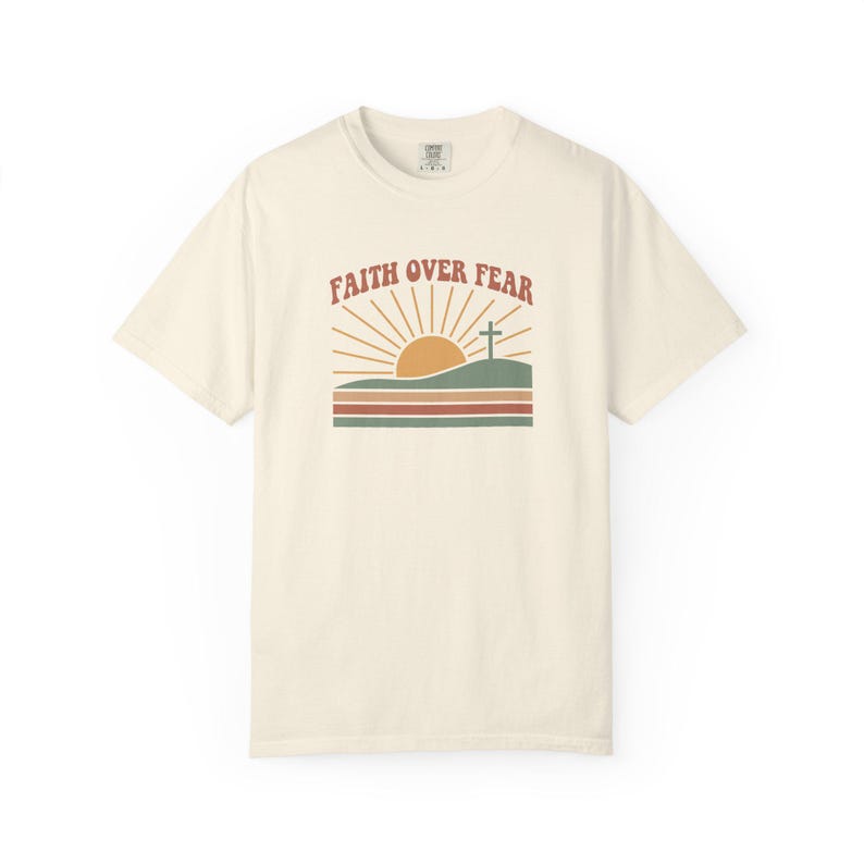 Faith Over Fear Retro Sunset Christian T-Shirt, Religious Bible Verse Tee Ivory