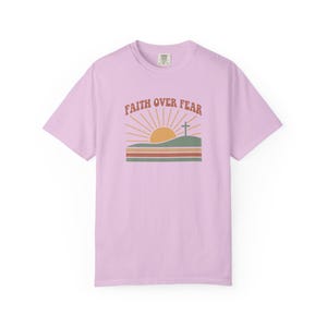 Faith Over Fear Retro Sunset Christian T-Shirt, Religious Bible Verse Tee Orchid