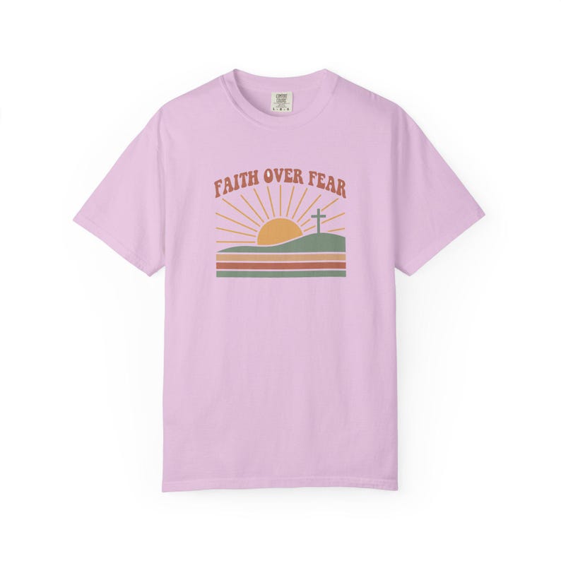 Faith Over Fear Retro Sunset Christian T-Shirt, Religious Bible Verse Tee Orchid