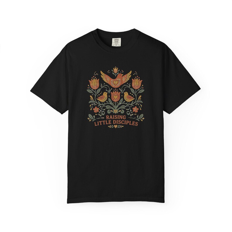 Raising Little Disciples Christian Mom Shirt, Floral Folk Art Tee Black