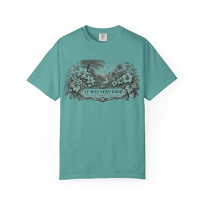Genesis 1:31 Very Good Shirt, Garden of Eden Faith Tee, Botanical Scripture Top Seafoam