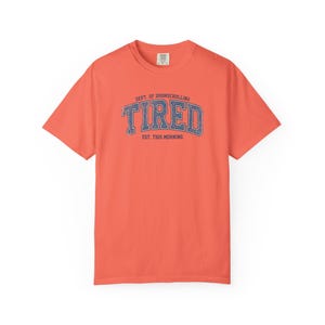 Tired Dept. of Doomscrolling Varsity Tee, Sarcastic Gen Z Humor Shirt Bright Salmon
