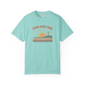 Faith Over Fear Retro Sunset Christian T-Shirt, Religious Bible Verse Tee Chalky Mint