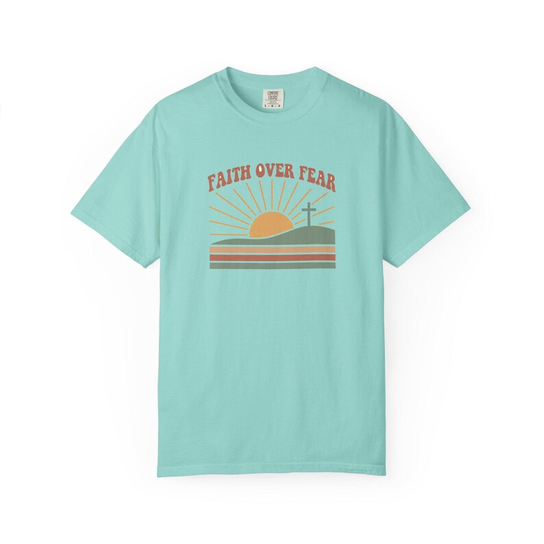 Faith Over Fear Retro Sunset Christian T-Shirt, Religious Bible Verse Tee Chalky Mint
