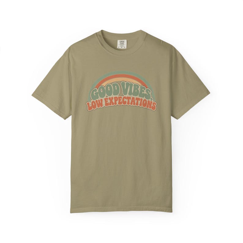 Retro Rainbow Good Vibes Low Expectations Shirt, Sarcastic Graphic Tee Khaki