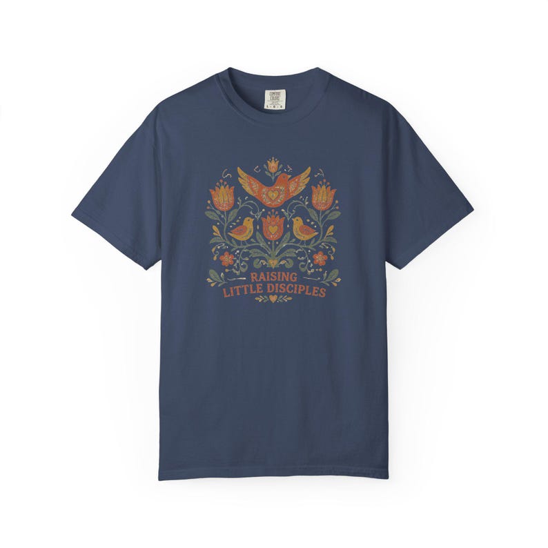 Raising Little Disciples Christian Mom Shirt, Floral Folk Art Tee Midnight