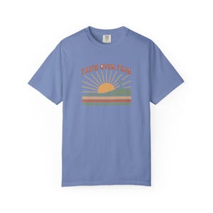 Faith Over Fear Retro Sunset Christian T-Shirt, Religious Bible Verse Tee Washed Denim